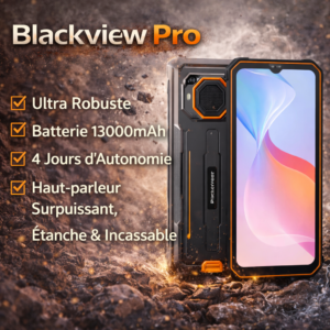 Blackview Pro – Ultra Robuste, Batterie 13000mAh 4 Jours d’Autonomie, Haut-parleur Surpuissant, Étanche & Incassable