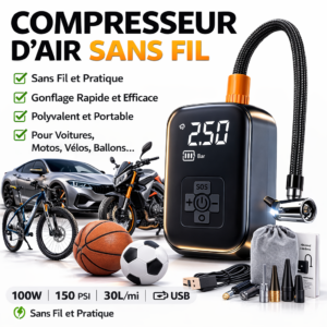 Pompe Compresseur d’air sans fil portable – Gonflage rapide partout, à tout moment