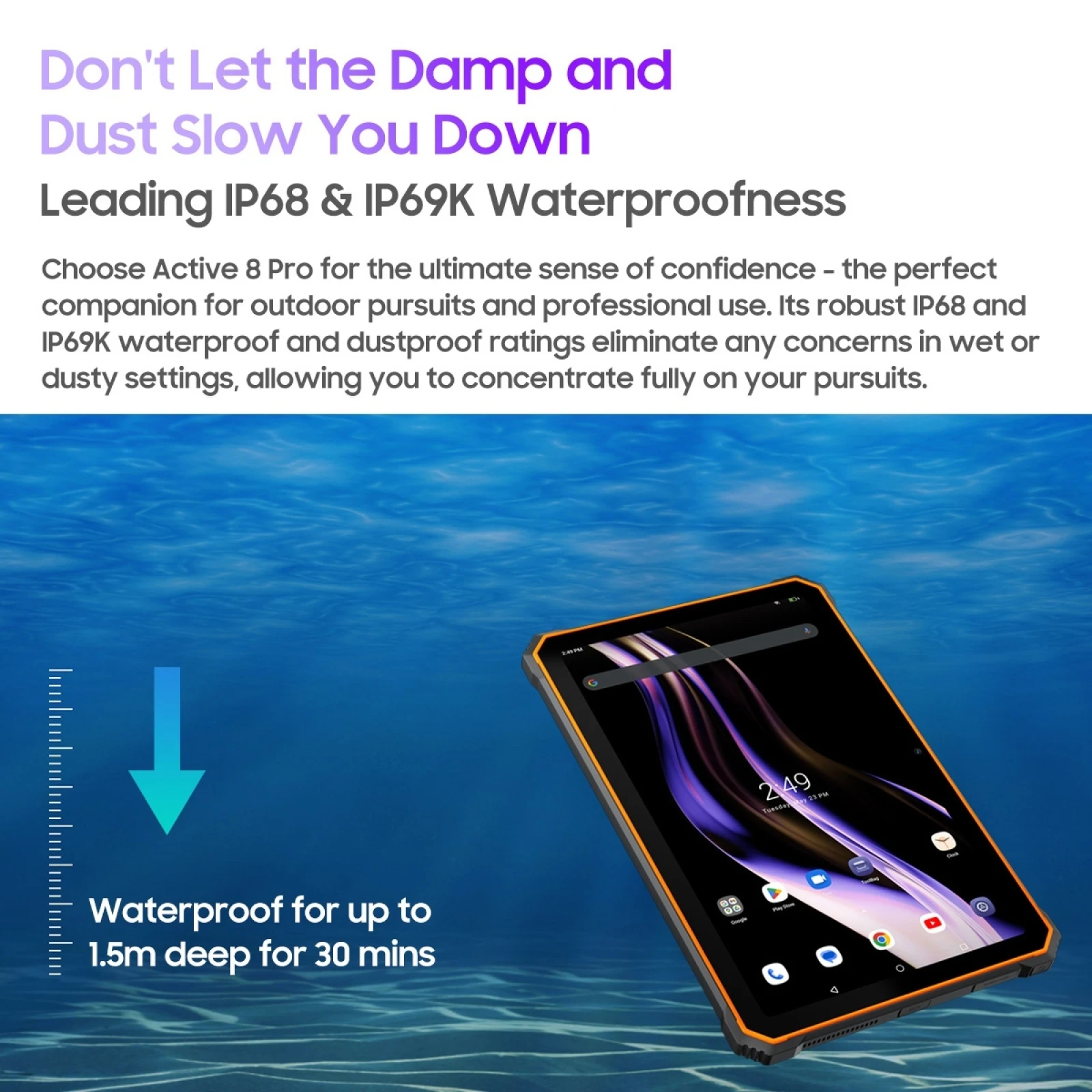 Tablette PC Blackview Active 8 Pro 10,36 pouces Écran 2,4K Android 14 Helio G99 Octa Core Google Play 8 Go + 256 Go Caméra 48 MP 22000 mAh 33 W – Image 4